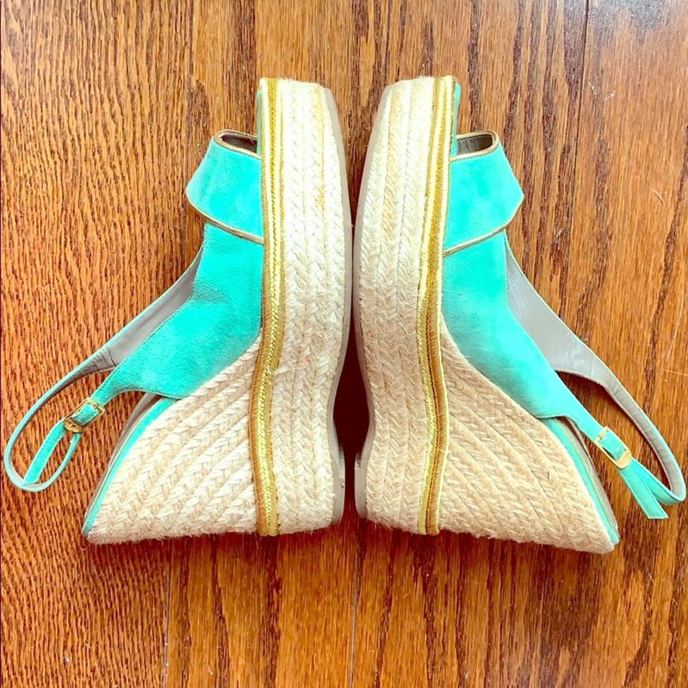 Versace Collection Suede mint wedges w gold trim